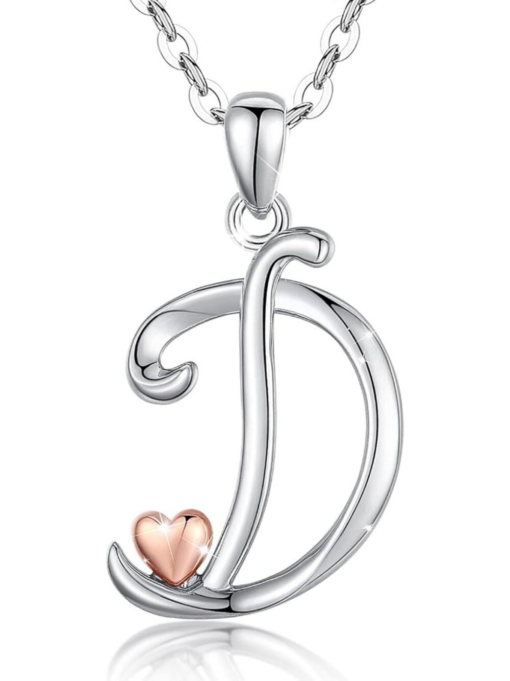 Women's Initial D Necklace Sterling Silver Letter Pendant Rose Gold Heart Chain